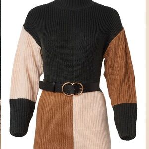 New Venus Belted Color Block Sweater Dress